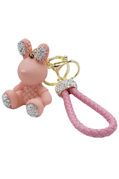 Bunny Bling Rhinestone Matte Diamond Quilt PU Key Chain
