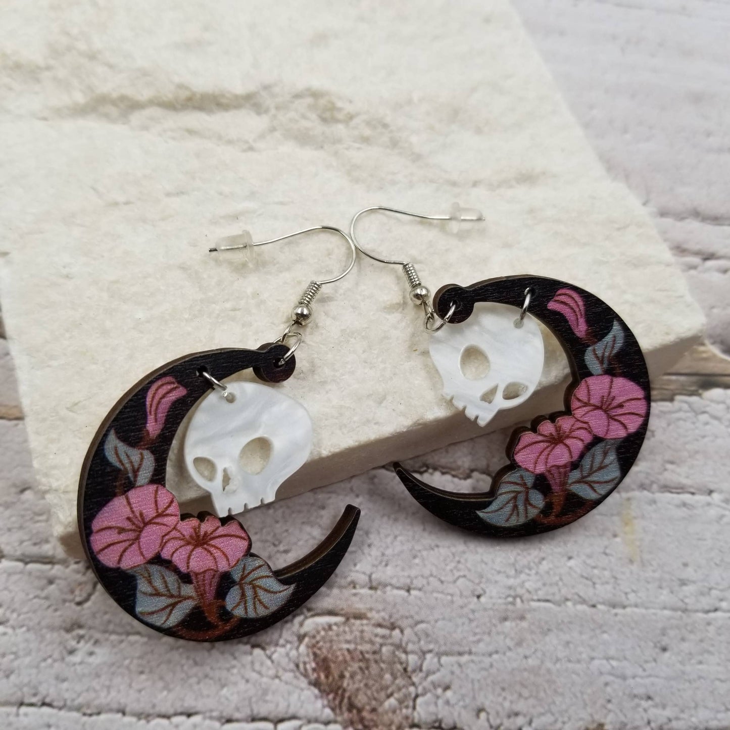 Halloween Skull Wood Moon Earrings