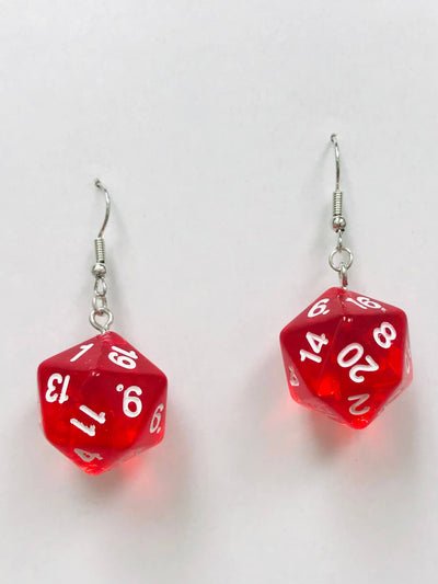 Red D20 Dice Earrings, Gamer Earrings TRANSPARENT