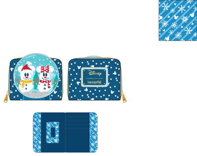 DISNEY SNOWMAN MICKEY MINNIE SNOW GLOBE ZIP AROUND WALLET LOUNGEFLY