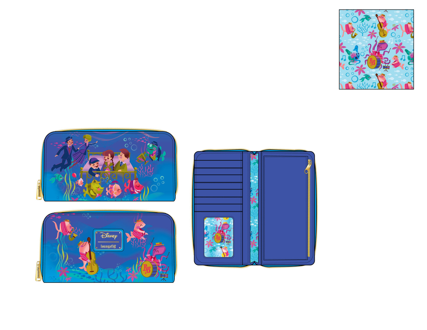 DISNEY BEDKNOBS AND BROOMSTICKS UNDERWATER ZIP AROUND WALLET LOUNGEFLY