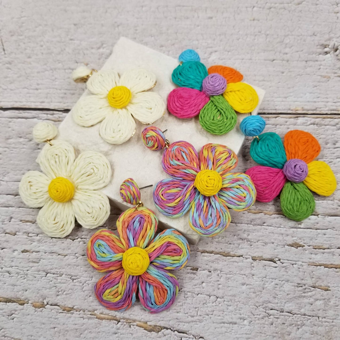 Handmade Flower Beach Rattan Pom Poms Earring