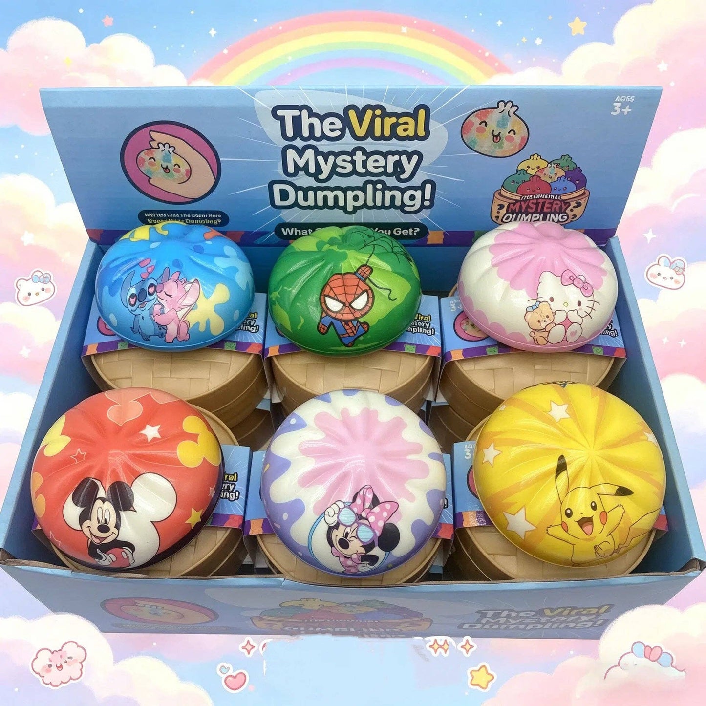 PU Squishy Dumpling Set with Steamer Box Cartoon Printed Slow Rising Stress Relief Toy