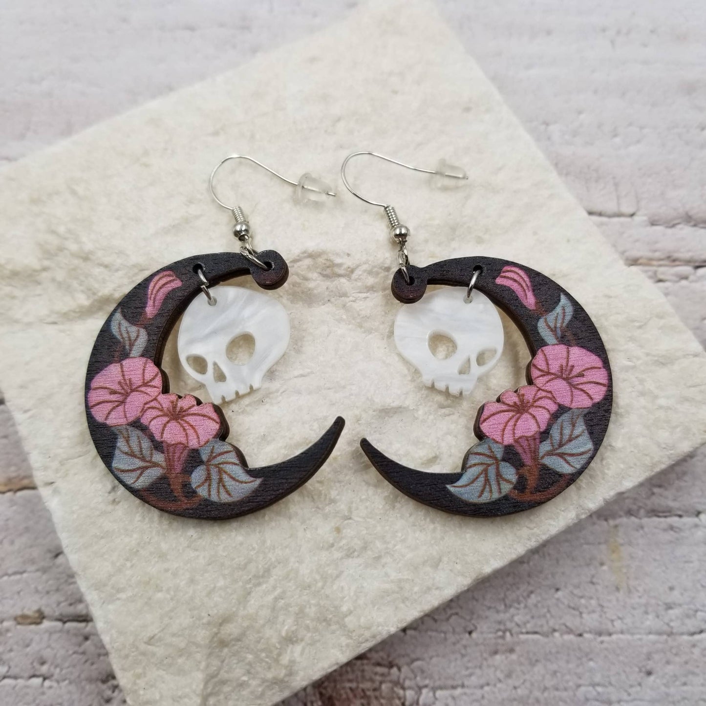 Halloween Skull Wood Moon Earrings