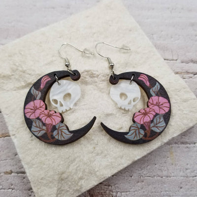 Halloween Skull Wood Moon Earrings