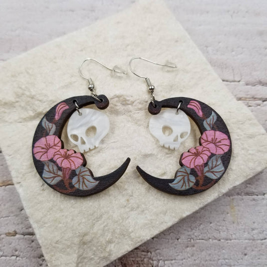 Halloween Skull Wood Moon Earrings