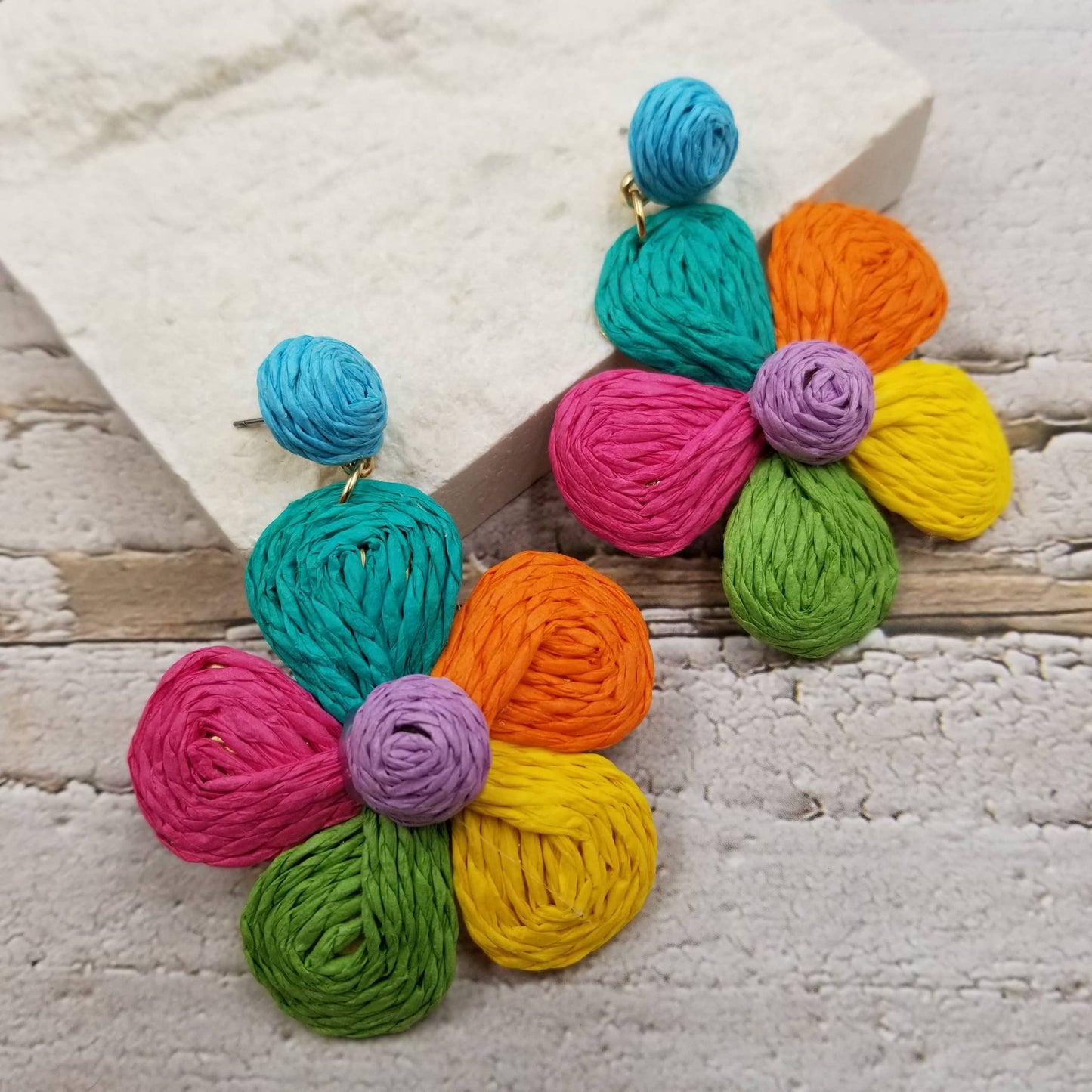 Handmade Flower Beach Rattan Pom Poms Earring