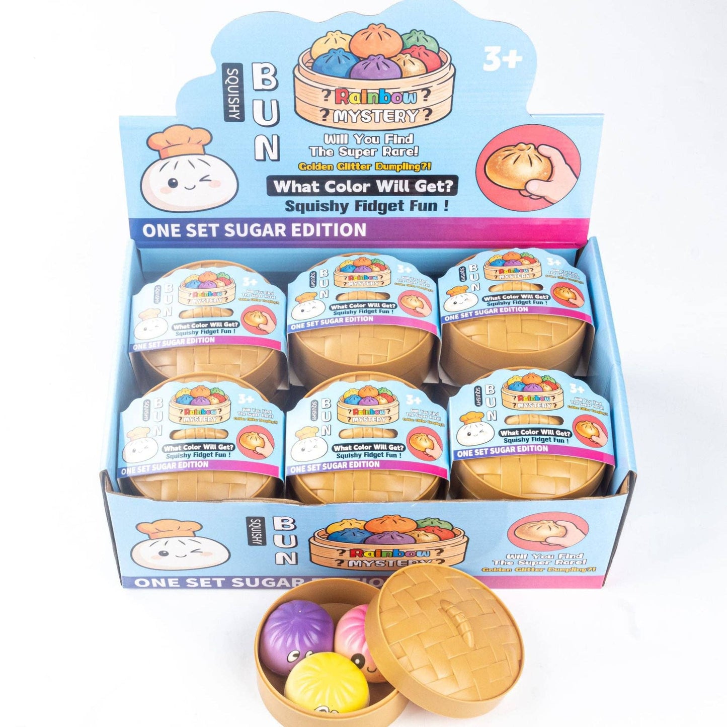 PU Squishy Dumpling Set with Steamer Box Cartoon Printed Slow Rising Stress Relief Toy
