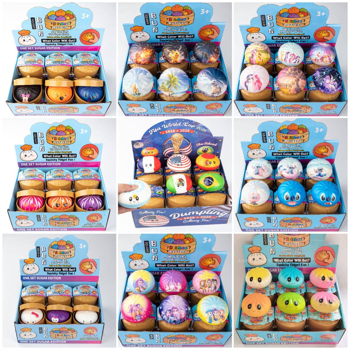 PU Squishy Dumpling Set with Steamer Box Cartoon Printed Slow Rising Stress Relief Toy