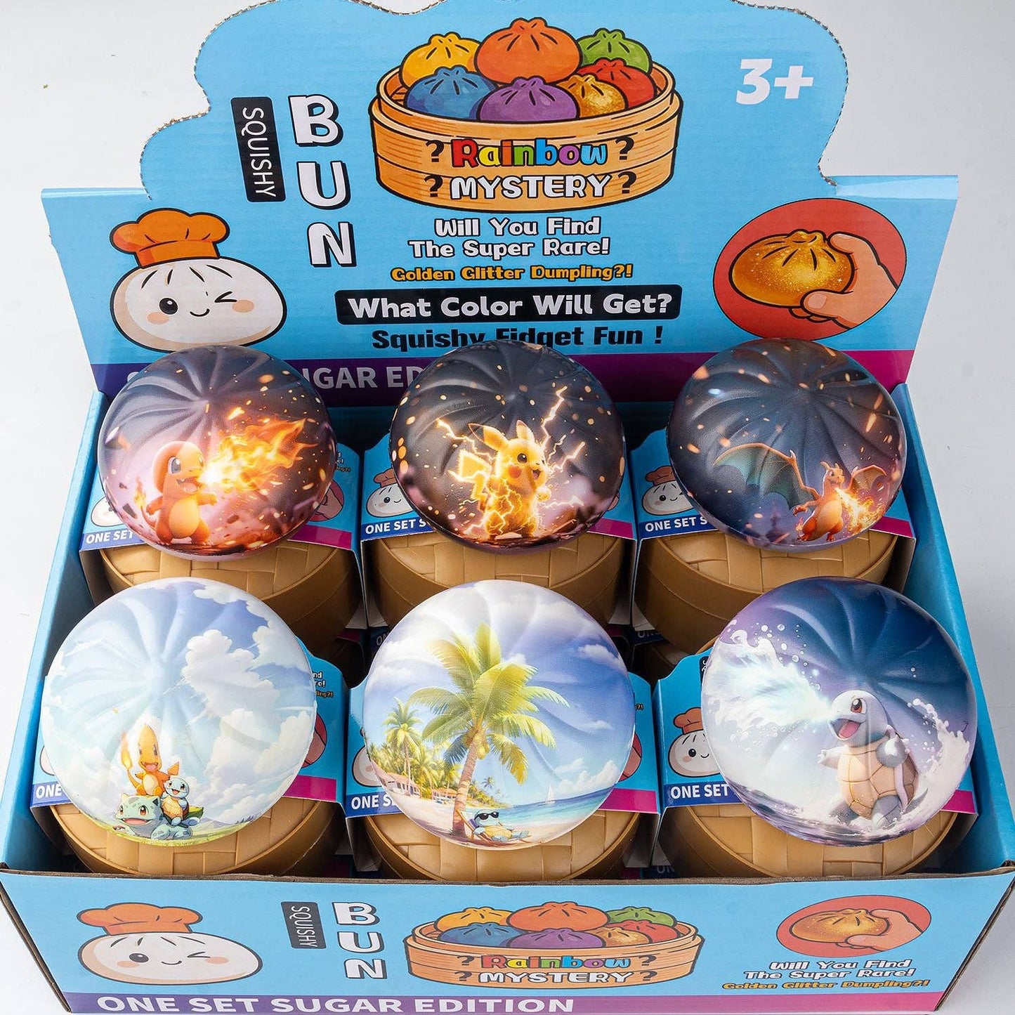 PU Squishy Dumpling Set with Steamer Box Cartoon Printed Slow Rising Stress Relief Toy