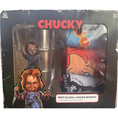 CHUCKY HORROR DOLL Pint Glass & 3 Pack Socks BUNDLE