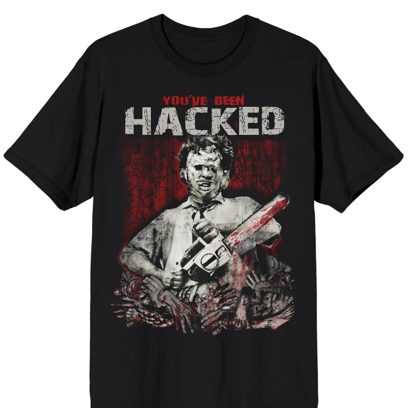TEXAS CHAINSAW MASSACRE LEATHERFACE YOUVE BEEN HACKED WITH BODY PARTS ON BLACK ADULT CREW NECK SHORT SLEEVE T-SHIRT
