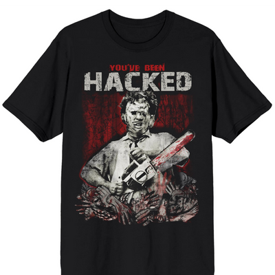 TEXAS CHAINSAW MASSACRE LEATHERFACE YOUVE BEEN HACKED WITH BODY PARTS ON BLACK ADULT CREW NECK SHORT SLEEVE T-SHIRT