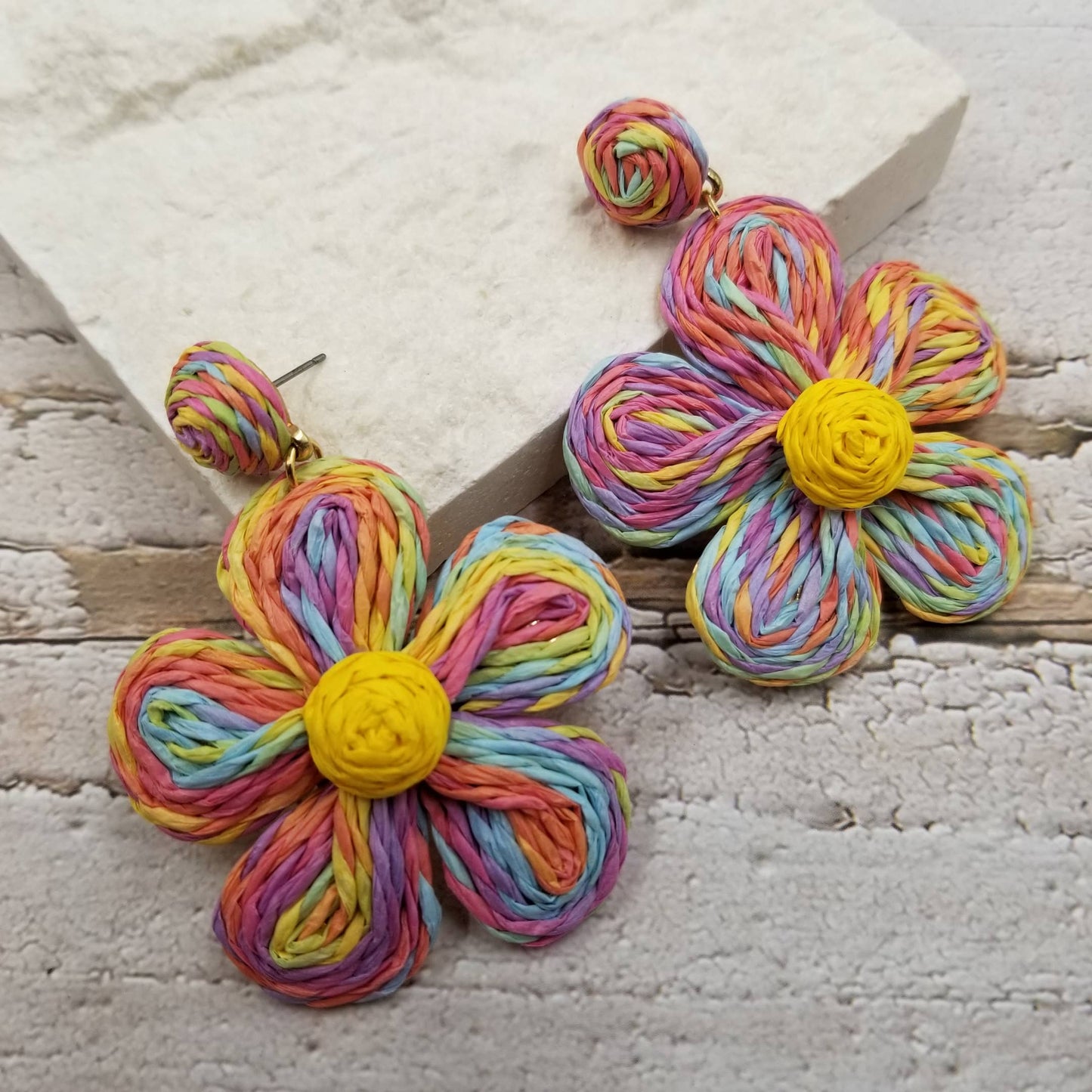 Handmade Flower Beach Rattan Pom Poms Earring
