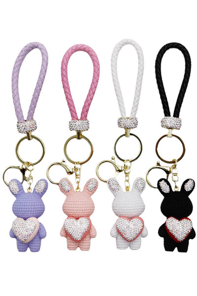 Bunny HeartBling Rhinestone Matte Diamond Quilt PU Key Chain Random Color