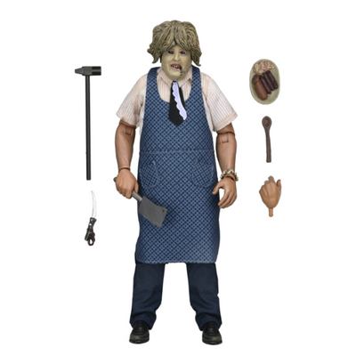TEXAS CHAINSAW MASSACRE - 8 INCH CLOTHED ACTION FIGURE - LEATHERFACE WITH OLD LADY MASK IN WINDOW BOX