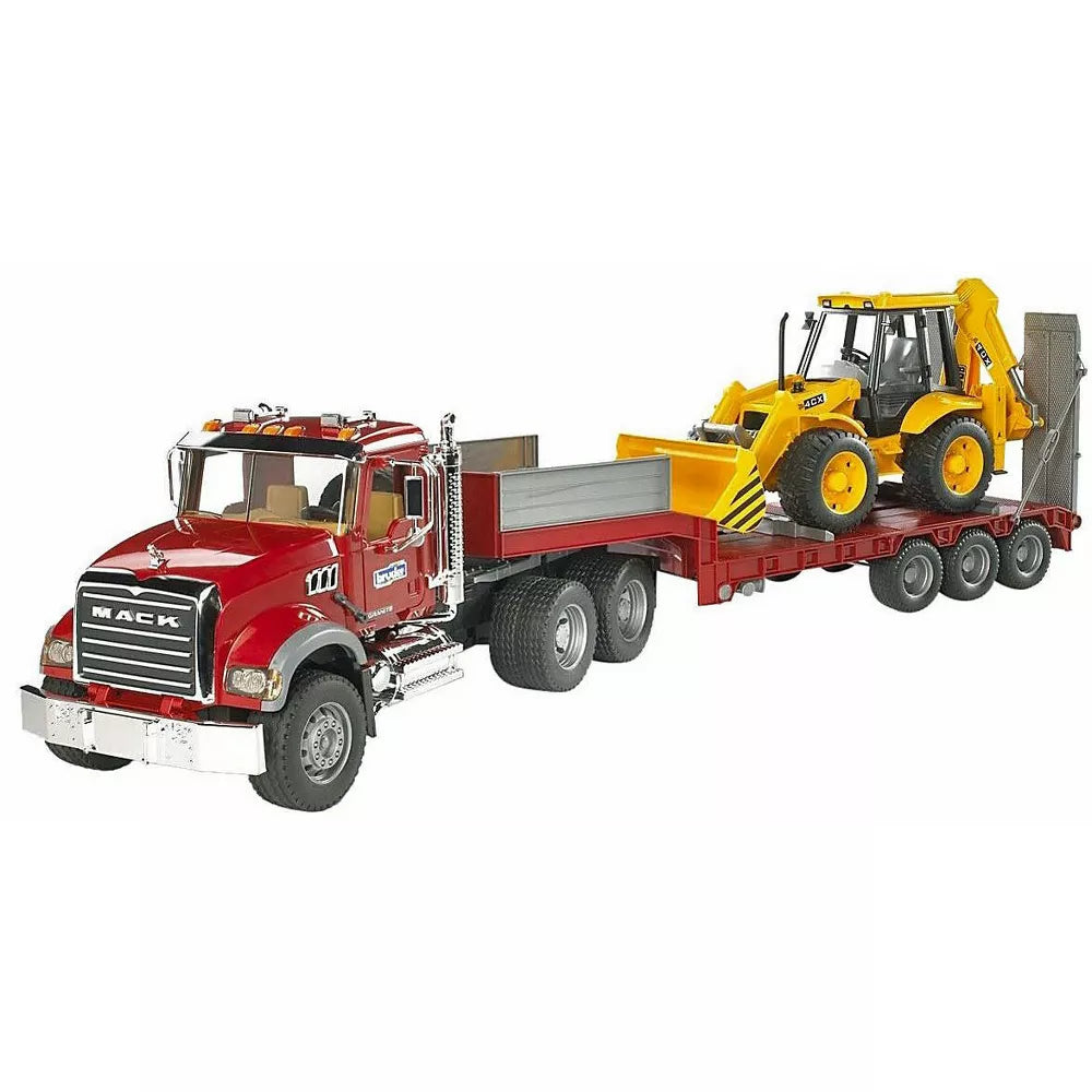 Bruder MACK Granite Flatbed Truck with JCB Loader backhoe