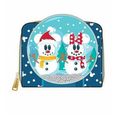 DISNEY SNOWMAN MICKEY MINNIE SNOW GLOBE ZIP AROUND WALLET LOUNGEFLY