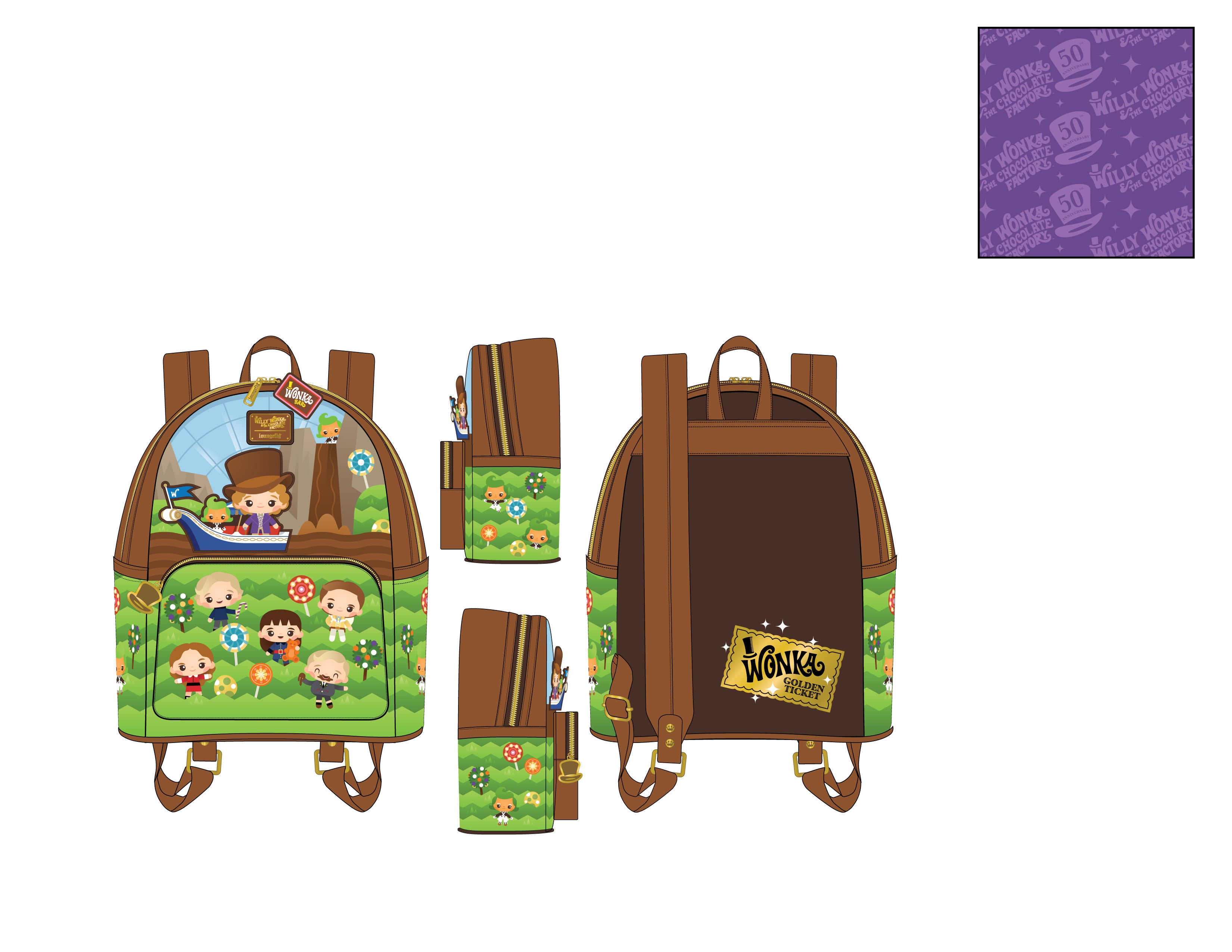 Loungefly hot Willy Wonka mini backpack & wallet : warner brothers 50t Anniversary