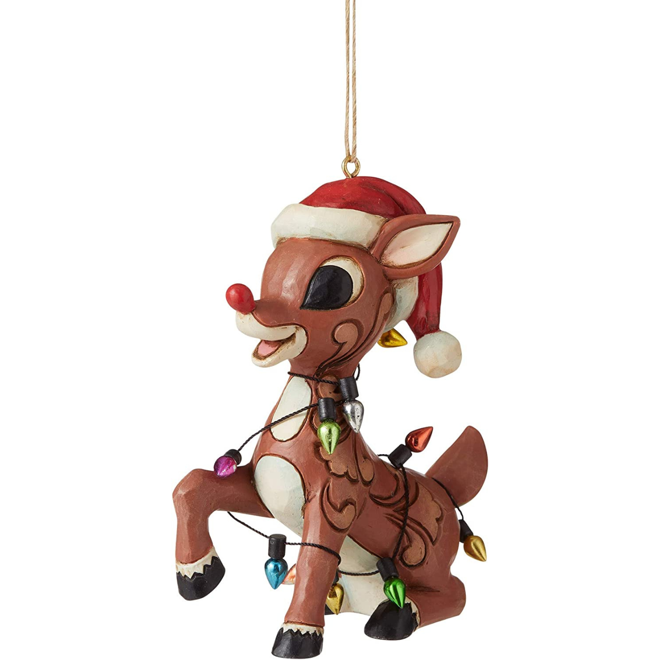 Enesco Jim Shore Rudolph The Red-Nosed Reindeer Wrapped in Lights Hanging Ornament, Multicolor